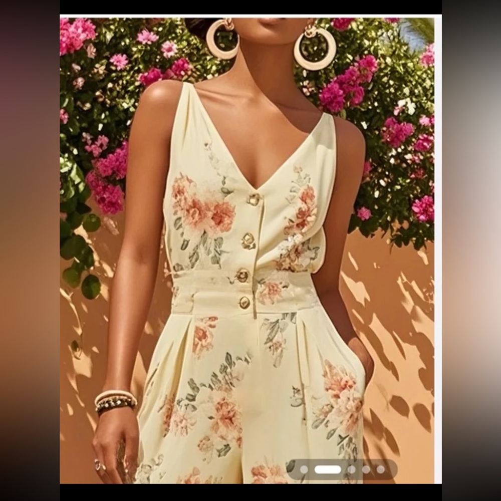 NWT Fehaute Yellow Floral Buckle Regular Fit Jumpsuit With Pockets size 8 - Picture 2 of 12